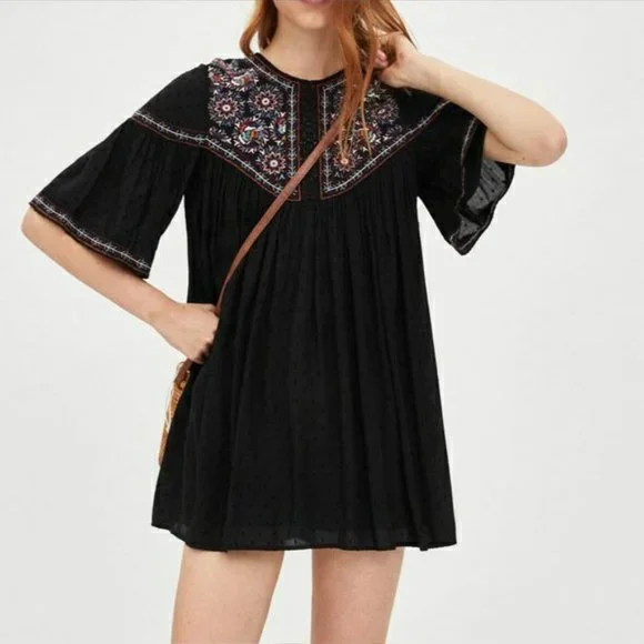 Zara Ethereal Embroidered Black Boho Dress. SZ M